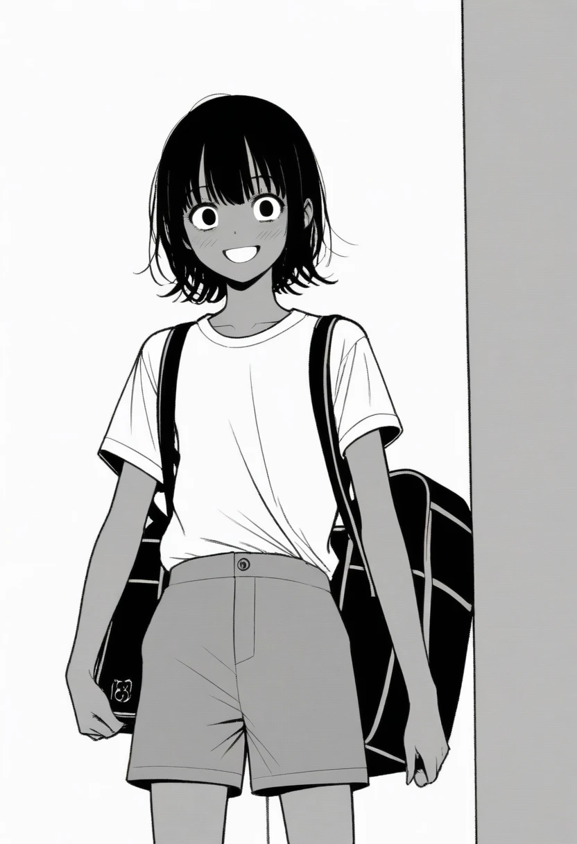 masterpiece, best quality, 1girl, mamerakkkkko, grayscale, manga style, japanese, chi no wadachi, black eyes, street, iced, black hair, schoolbag, smile, lineart, white background, white shirt, grey shorts, centered, 18 years old, tall, fair skinned
