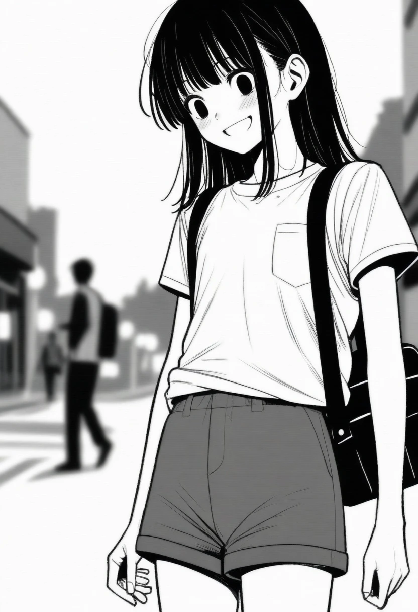 masterpiece, best quality, 1girl, mamerakkkkko, grayscale, manga style, japanese, chi no wadachi, black eyes, street, iced, black hair, schoolbag, smile, lineart, white background, white shirt, grey shorts, centered, 18 years old, tall, fair skinned