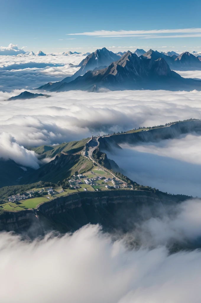 Aerial view of a huge village,Above the clouds,There is a big mountain near the village