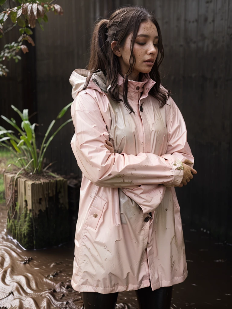 Light pink buttoned raincoat, muddy clothes, muddy raincoat, covered in mud