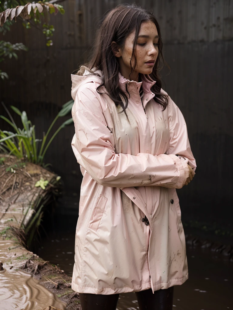 Light pink buttoned raincoat, muddy clothes, muddy raincoat, covered in mud