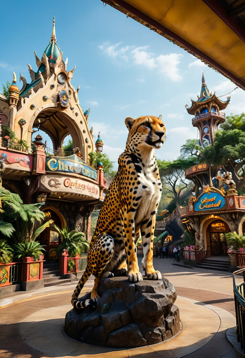 Photography style, a cheetah themed amusement park with a realistic cheetah sculpture at the entrance decorated with cheetah elements. The background is the interior of the park, panoramic, cinematic still, emotional, vignette, dynamic, vivid, (masterpiece, best quality, Professional, perfect composition, very aesthetic, absurdres, ultra-detailed, intricate details:1.3)