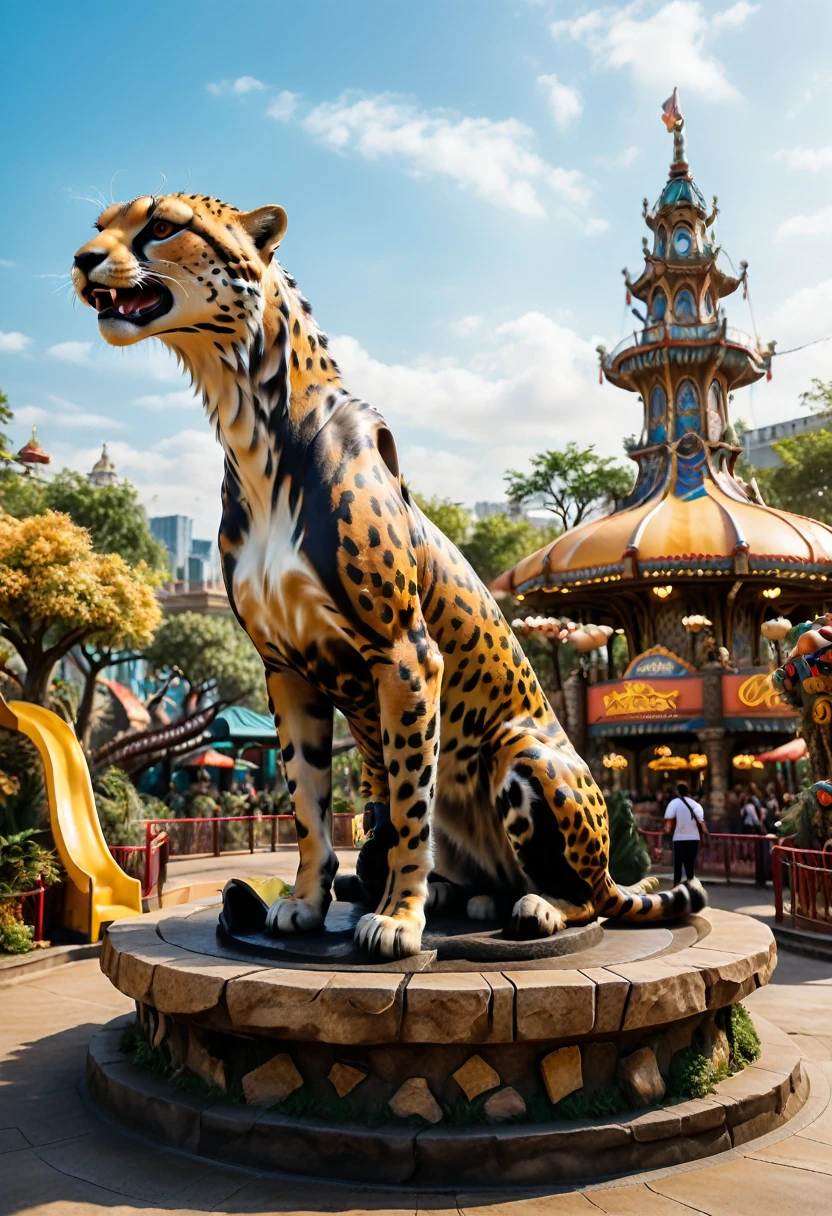 Photography style, a cheetah themed amusement park with a realistic cheetah sculpture at the entrance decorated with cheetah elements. The background is the interior of the park, panoramic, cinematic still, emotional, vignette, dynamic, vivid, (masterpiece, best quality, Professional, perfect composition, very aesthetic, absurdres, ultra-detailed, intricate details:1.3)