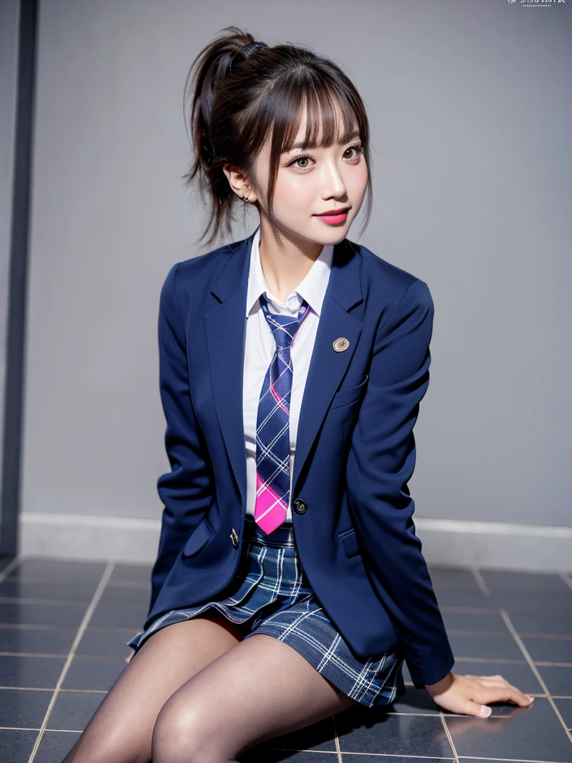 (8K), (Highest quality: 1.2), (Realistic), (Realistic: 1.37), Ultra-high resolution, (1 Girl), cute, smile, Mouth closed, Beautiful details, Beautiful Nose, Wet Hair, ponytail,Giant Dulcefo, pork, Thighs,Self Snap,University Uniforms,Simple(Navy Blue Blazer:1.2),Pleated skirt,(The skirt and tie are gray tartan check pattern......:1.3),(Sitting:1), Sit on the ground,(Hold my feet:1),(Pink Pantyhose),from the front,knees