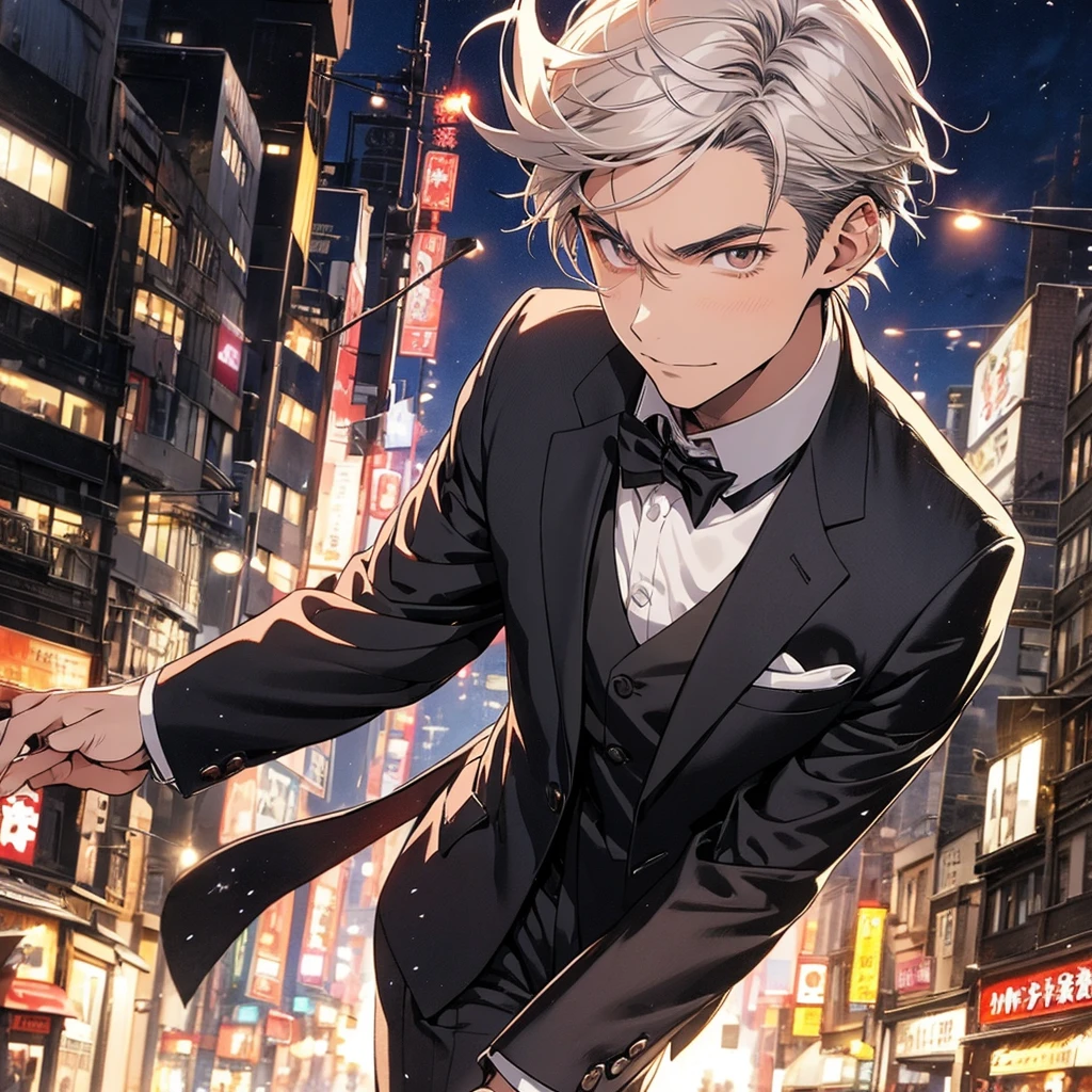 Half body ,With anime A man appeared, with brown eyes and short Smoky white hair. wearing a black suit , city background at night, Look back.