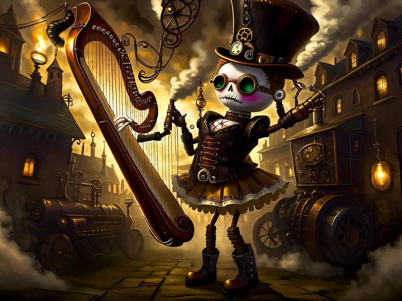 (voodoo doll playing knitted harp:1.2), (Voodoo Steampunk:1.3), (badass clothing: leather corset, aviator glasses, Gears and mechanical parts:1.0), (in the background steam engines, airships and Victorian buildings:1.2), best qualityer, work of art, detailed soft oil painting, detailed back ground, dramatic cinematic lighting, soft edge lighting, proffesional, dramatic lighting, hard edge lighting, ultra quality, 4K, work of art, best qualityer, 8K, ultra high definition, high resolution, extremely detaild, real harp details.