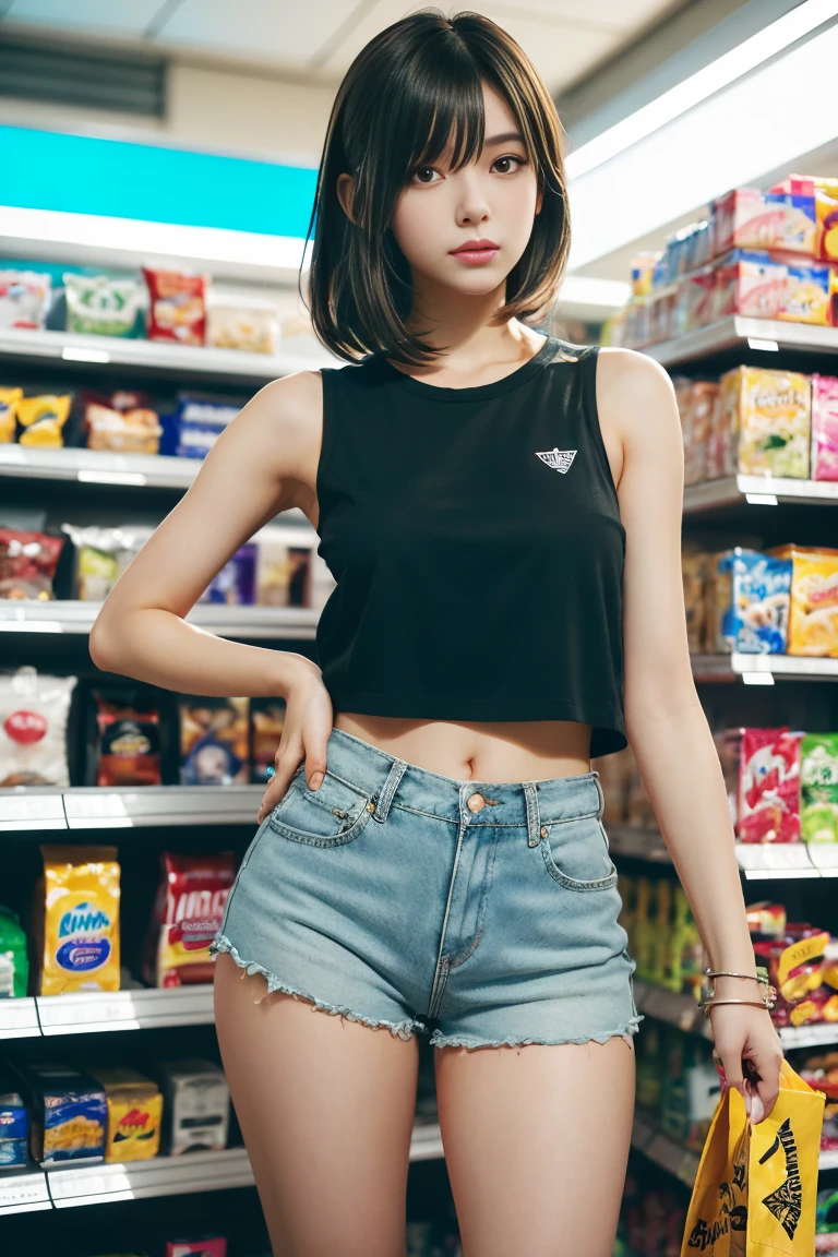 A ultra detailed beautiful anime girl of a stylish girl wearing extremely streetwear in a convenience store, by ilya kuvshinov, greg rutkowski and makoto shinkai, heavenly beauty, wearing short shorts dressed looking behind