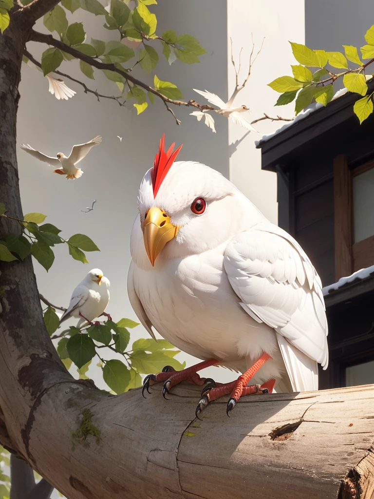 masterpiece , best quality, A white bird with a red beak is sitting on a tree branch, Pet Birds,  Albinomistic, Watching birds,   Cheeky look, birb, Pubic Pose, Intense albinism, Looking away from the camera, Photo taken with Sony a7r