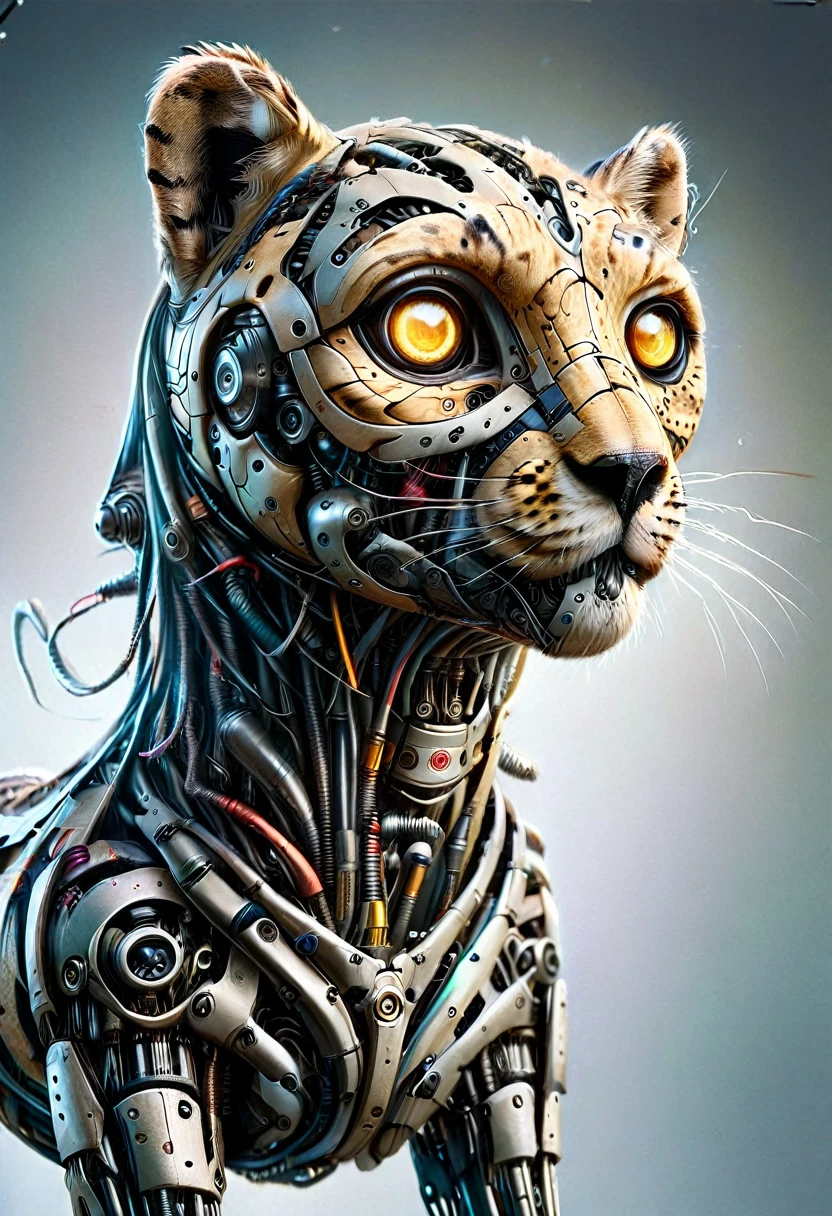 (raw photo, Best Quality, Masterpiece, Photorealistic, of the highest quality, Maximum image quality, high resolution, 8k, HD:1.2), plano general, whole body, ((a robotic cheetah:1.5, metal cheetah body and face:1.5 with cheetah spots:1.5, neon lights on its body, cables, robotic mechanisms, dynamic and crouching pose, perfect anatomy:1.5)), (best quality, 4k, 8k, High resolution, masterpiece: 1.2), ultra detailed, (Realistic, photoRealistic, photoRealistic: 1.37), cinematic lighting, highly detailed mechanical parts, dynamic action pose, elegant metallic texture, neon reflections bright, complex robotic features, advanced technology, futuristic cyberpunk, vibrant color palettevibrantes,ethereal lighting,sharp focus,ultra detailed,((Extremely detailed 8k unified CG wallpaper)), surreal and dreamlike textures,magical and mysterious essence,unexplored and undiscovered wonders,sculptural and abstract elements,transcendent composition, visual effects, Photorealistic, digital composition master class