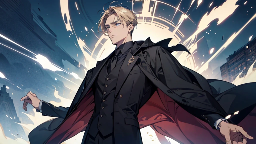 Create an image of a 38-year-old man with short dark blonde hair, dignified and charismatic.. Your hair can be styled in a more natural way., perhaps partially tied or floating gently in the wind. his eyes are purple, transmitting firmness and wisdom. He wears clothes that portray a gentlemanly atmosphere., although it is currently not in service. The suit he wears is completely black., with a loose cloak behind him, reflecting elegance and mystery, Elemental firepower D minus grade, which was responsible for the ability power. How did such a trivial character end up at the prestigious Marchen Academy??