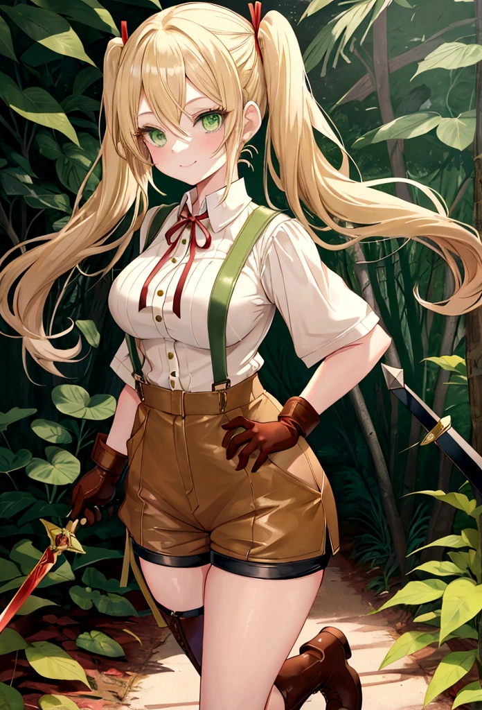30-year-old anime woman, blonde hair in pigtails, green eyes, tender and smiling expression, long explorer-style shorts with beige suspenders, short-sleeved white blouse, red ribbon in her hair, beige leather gloves, dark beige, in forest leather boots that reach mid-calf, her weapons are two daggers she carries at her waist.