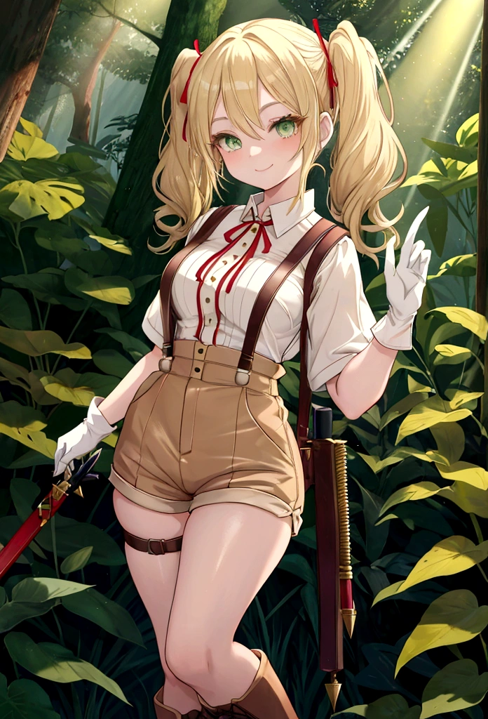 30-year-old anime woman, blonde hair in pigtails, green eyes, tender and smiling expression, long explorer-style shorts with beige suspenders, short-sleeved white blouse, red ribbon in her hair, beige leather gloves, dark beige, in forest leather boots that reach mid-calf, her weapons are two daggers she carries at her waist.