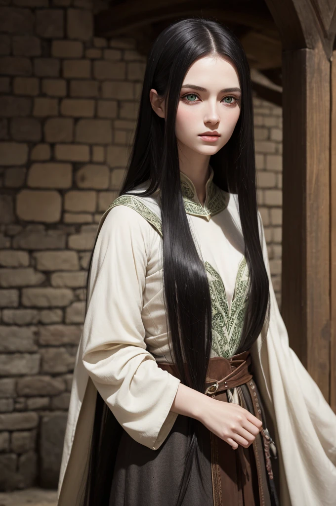 Realistic medieval style image of a woman with long straight black hair, green eyes and extremely white skin. 
