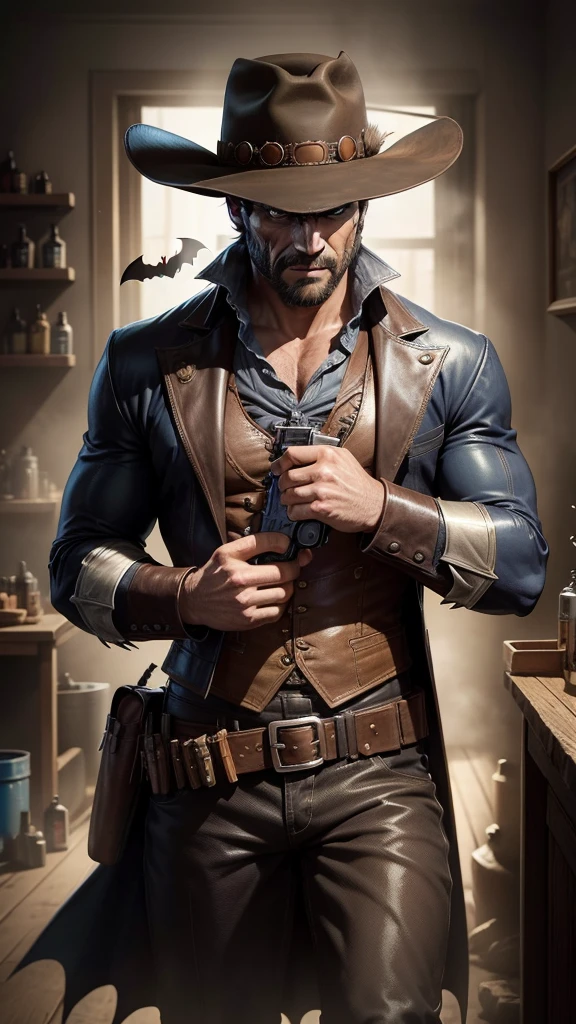 Batman in Wild West style, wearing Cowboys brown lather clothes, Cowboys hat and bring a pistol, in cowboy city, cinematic, extreem realistic, extreem detailed, extreem Sharp, super high resolution image, best quality photo,