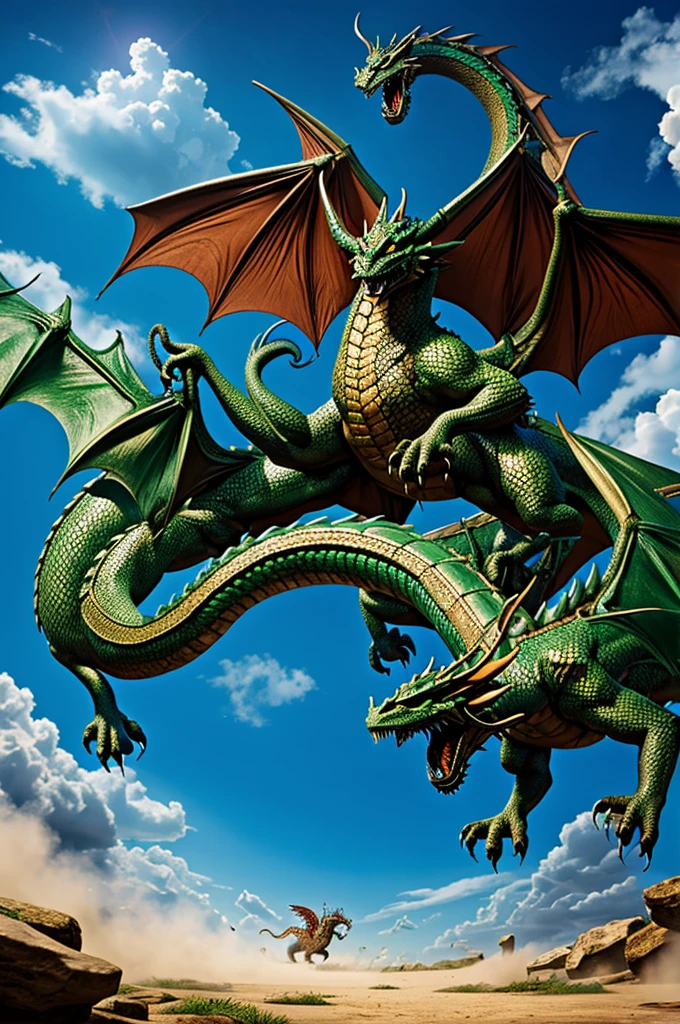 a dragon fighting with another three-headed dragon animated for children