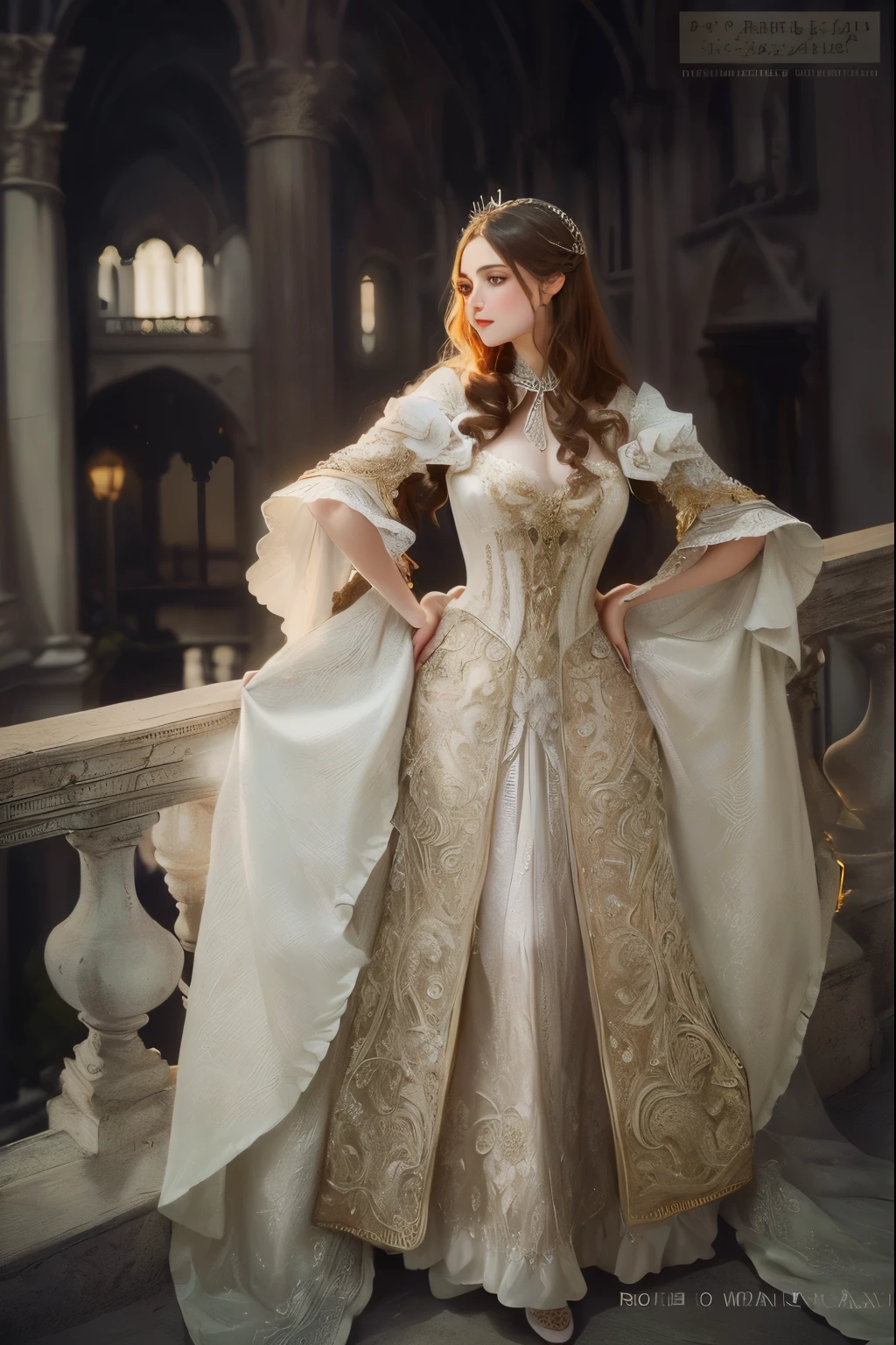 arafed woman in a white dress standing on a balcony, dress in the style of rococo, historical baroque dress, baroque dress, rococo queen, rococo dress, wearing dramatic aristocrat robe, ornate royal gown, gorgeous aristocrat robe, intricate victorian dress, royal gown, victorian style costume, victorian dress, fantasy long intricate gown, white regal gown
