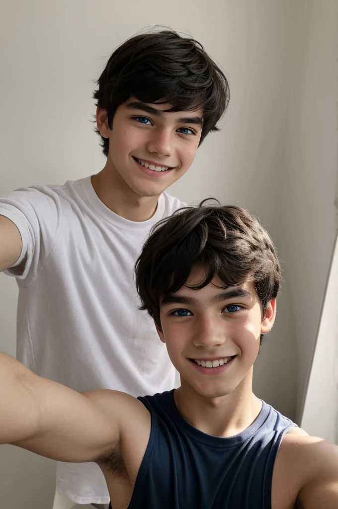 A boy of about 16 years old in a pose that is taking a selfie, blue eyes with messy black hair, white skin color and a smile on his face.