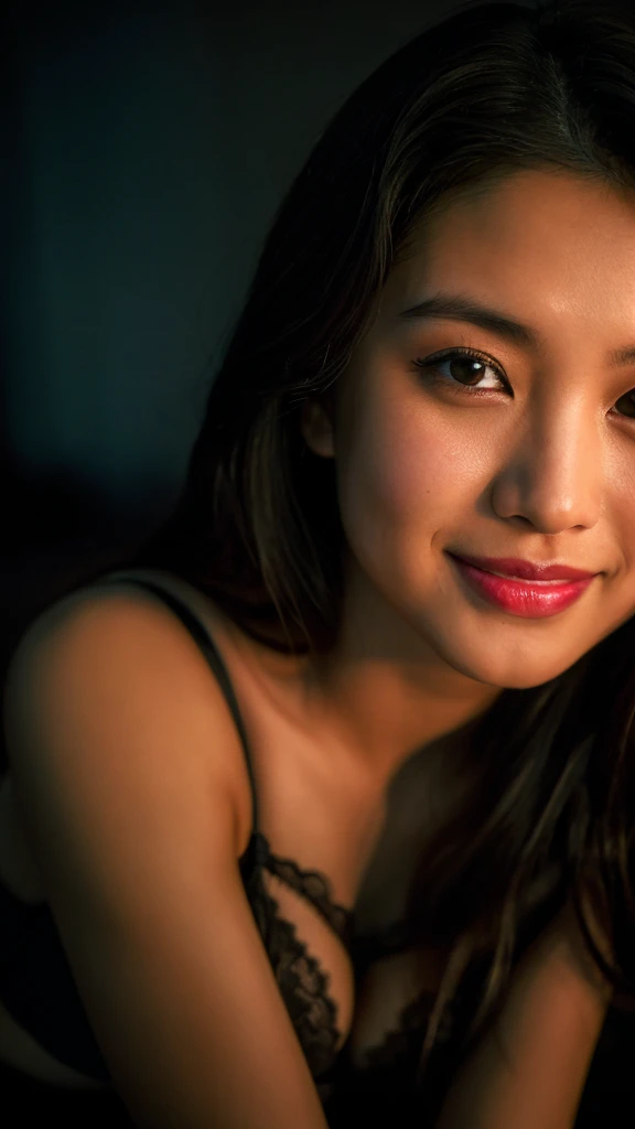 highest quality, epic realistic, ((in the pitch black darkness :1.4)), ((portrait:1.5)),(background: dark ) high contrast ,glorious picture, lowest lux, lighting face, she's comfortable, wearing white lingerie, looks incredible, (8k, Raw photo, Highest quality),(epic realistic:1.5), a woman, face,(detailed eyes:0.8),(looking at the camera:1.4), (Highest quality), ( high contrast, deep shadows),Intricate details,cinematic,((skin:1.4)), (long dark hair:1.3), long hair, messy ,(Hdr:1.5),Detailed, colors, Superior quality, Masterpiece, Raw Photo (20-year-old, looking at viewer), beautiful, (wearing underwear, bra and panties), perfect, natural, perfect composition, portrait, perfect face, smiling expression, Captivating eyes, Bright details, Tight lips, (High Skin Detail),, (blue tint: 0.6), (sale: 0.8), (bloody: 0.7), Key lighting , (backlight: 0.5), Medium depth of field, Canon 5d, 50mm lens, f/4 apertures, (Ultra-detailed, Complex detail), sharp focus, soft colors, 8k, Absurd, 80mm, dark background, photography, smiling,