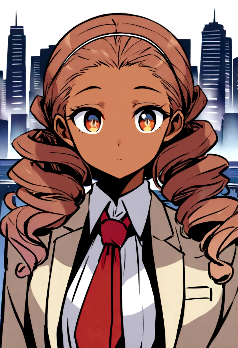 Create a detailed anime-style character of Ayana Chisulo. She has tawny skin and long, spiraling curls that can either flow freely or be tied back with a simple ribbon. Her eyes are expressive, reflecting determination and a sense of justice. Ayana's outfit is a blend of practical yet stylish elements, suitable for an aspiring lawyer. She exudes confidence and independence, with a backdrop that hints at a modern cityscape or a professional setting, like a courtroom or a law office."
