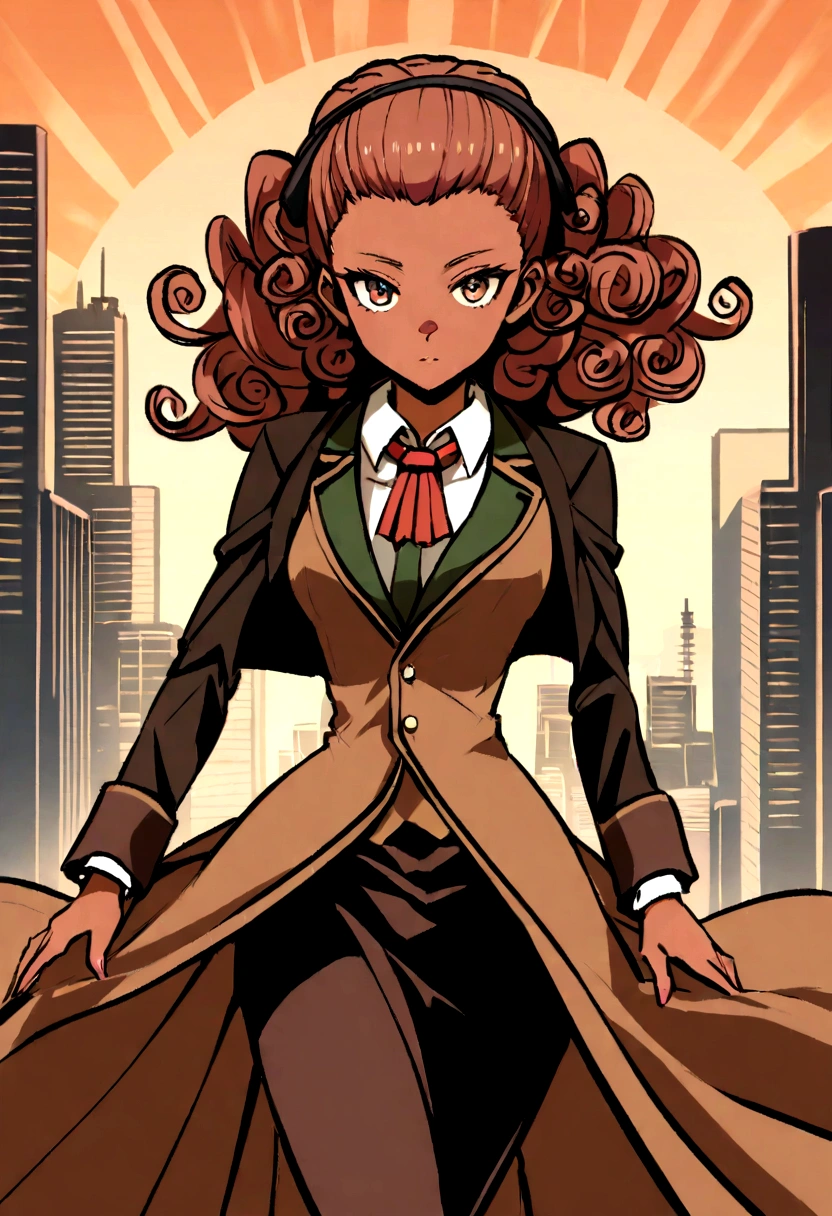 Create a detailed anime-style character of Ayana Chisulo. She has tawny skin and long, spiraling curls that can either flow freely or be tied back with a simple ribbon. Her eyes are expressive, reflecting determination and a sense of justice. Ayana's outfit is a blend of practical yet stylish elements, suitable for an aspiring lawyer. She exudes confidence and independence, with a backdrop that hints at a modern cityscape or a professional setting, like a courtroom or a law office."