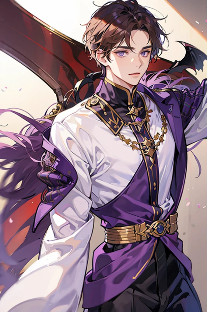 A man with brown hair and purple eyes., wearing an emperor&#39;s tailcoat, and bathe in the flames of hell