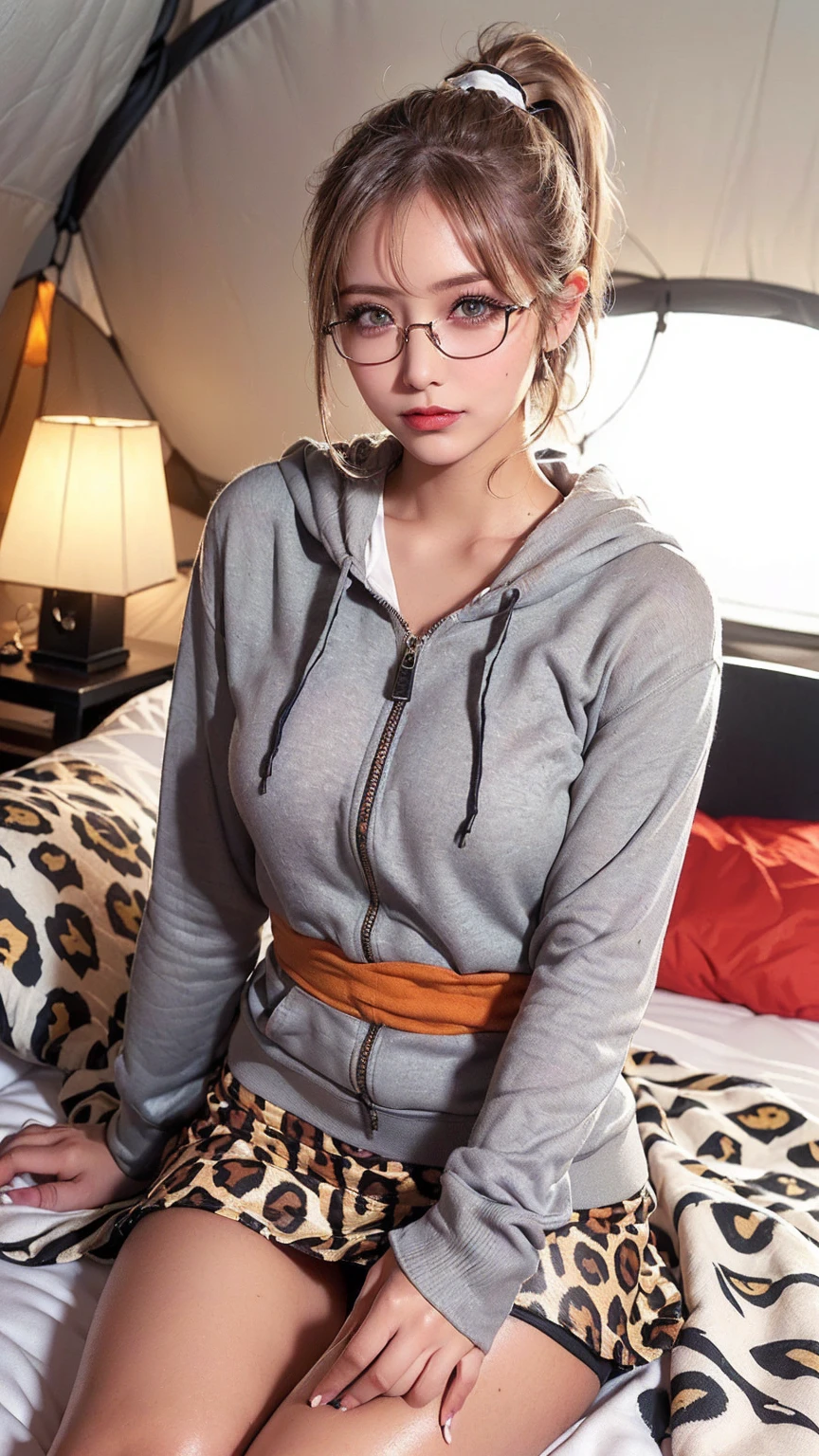 ((Highest quality、In 8K、masterpiece:1.3))、(Very large breasts:1.3)、(Photorealistic、Perfect Style:1.3)、(Beautiful 20 year old woman、One Woman:1.3)、(She has a slim waist and large breasts, like a gravure idol.、Highly detailed face and skin texture with beautiful eyes、Eye highlights:1.3)、((blonde ponytail hair:1.3))、(Gal-style Japanese women、The zipper of his grey hoodie is open, exposing his chest.、Leopard print tight micro mini skirt:1.3)、((Very tanned brown skin:1.4))、(Glasses are slipping down)、(Kin-gal makeup、In a one-person tent、Relaxing on a cushion、Small lantern、evening、The interior of the tent is decorated with stylish and moody lighting.、faint smile:1.3)