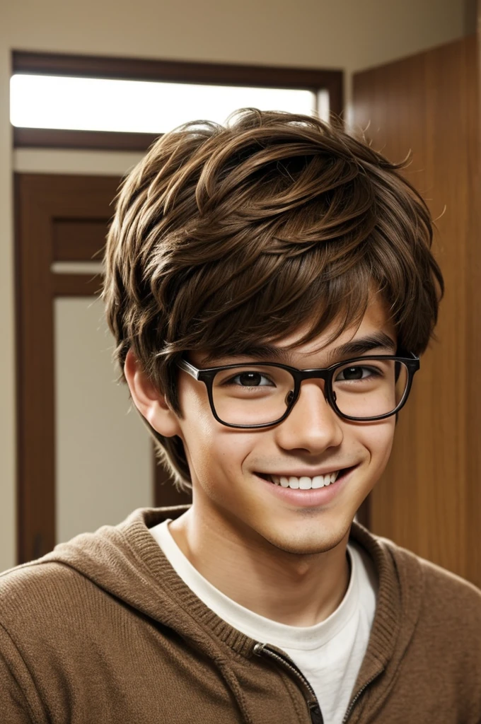 A boy with light brown hair, Brown eyes, a nice smile, that has glasses, he likes anime. 15 years old