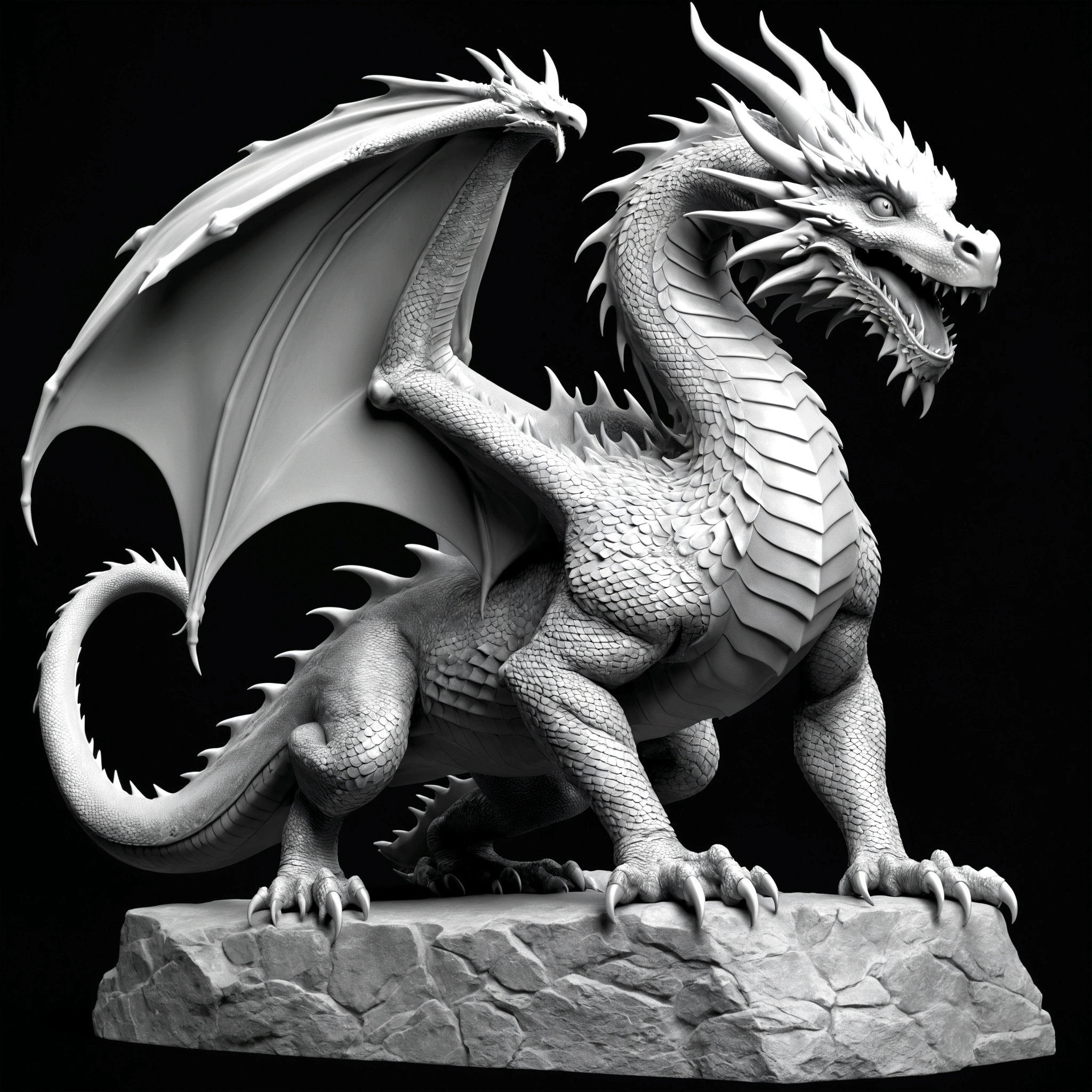 Grayscale 3D relief of a full body dragon, detailed scales and textures, high quality, 3D rendering, grayscale, relief art, CNC machine, detailed scales, realistic textures, professional, highres, ultra-detailed