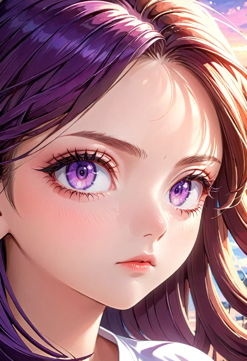 a anime girl with long hair and purple eyes, colorized photo by Rei Kamoi, trending on pixiv, remodernism, official art, ultra detailed, anime, beautiful detailed eyes, beautiful detailed lips, extremely detailed face, long eyelashes, portrait, digital painting, vibrant colors, warm lighting, cinematic composition, photorealistic, high quality, masterpiece, hyper detailed, 8k, best quality