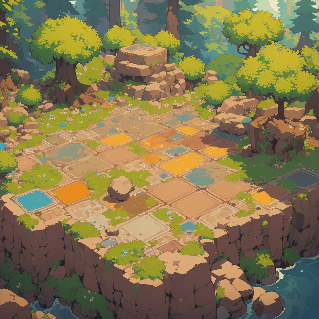 retro video game style,pixelated, anime colors,8-bit characters,blocky shapes,sharp lines,detailed shading,classic gaming vibe,nostalgic atmosphere,classic arcade games,masterpiece:1.2,ultra-detailed,illustration style, 2d texture, clay texture, stone texture, 4 k seamless mud texture, video game texture, dirt texture, tileset, game tiles, clay material, flat texture, grass, trees, rock texture, rocky ground, forest, topdown view, game texture, game art, ground very detailed, dirt, floor texture, tileable texture, flowers, bushes, shrubs, intricate ground stone, top down view, 3/4th perspective