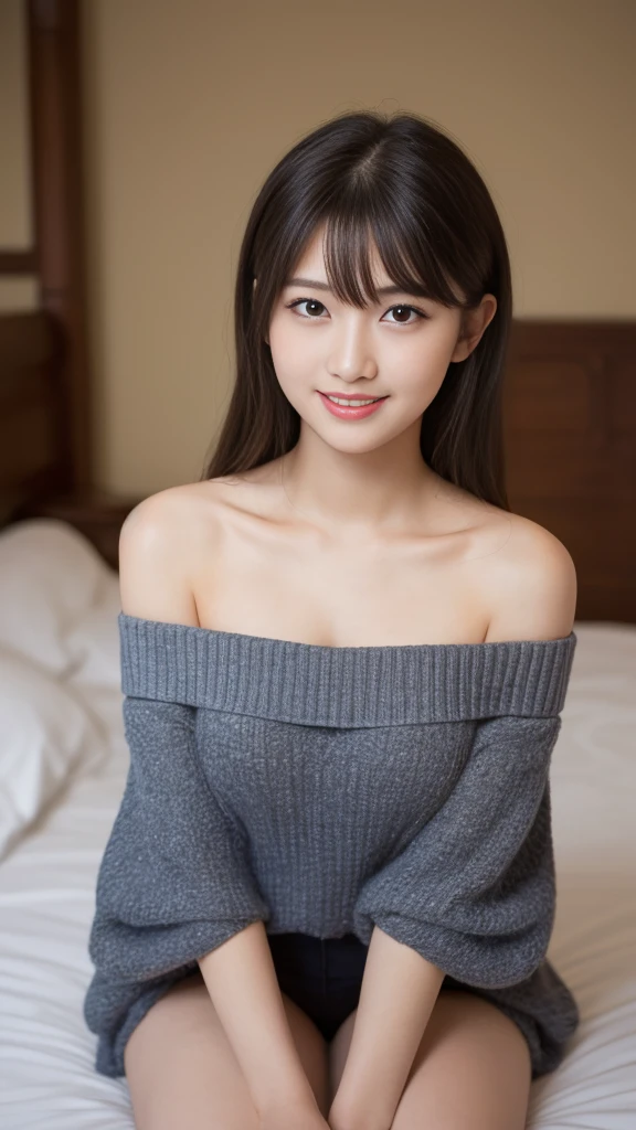 Tabletop, Highest quality, shape, Very detailed, In detail, High resolution, 8k wallpaper, Perfect dynamic composition, Beautiful attention to detail,((Off-the-shoulder clothing:1.5)),Medium Hair, D cup breasts、(thin), thin , No makeup , Natural color lip, Bold sexy pose,a reassuring smile,Harajuku、-yeld giKind older sister,((kind:1.2))、((Big sister feeling:1.2)), cute、sexy shot looking at camera,On the bed、Browsing Caution
