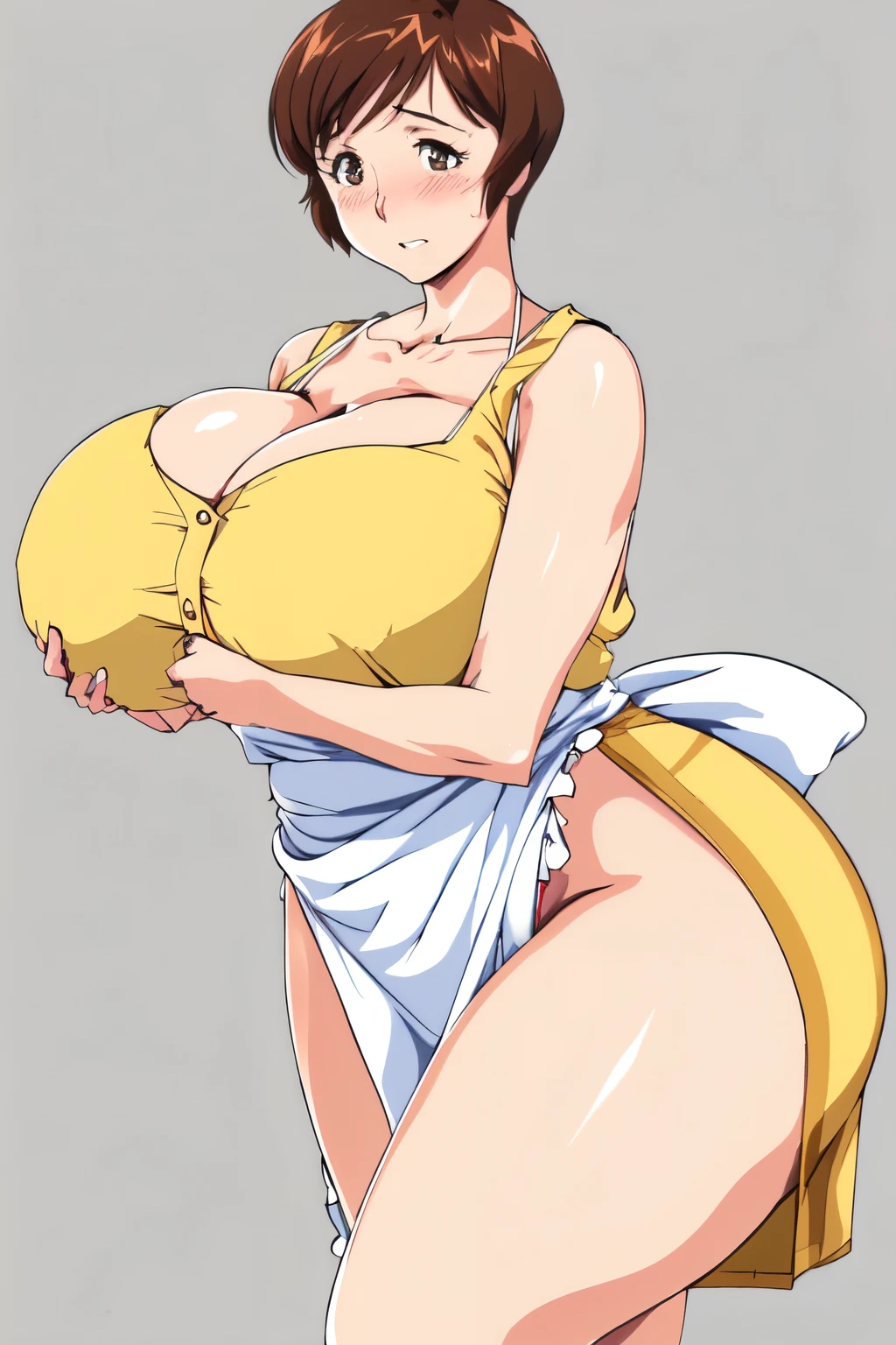 masterpiece, highest quality, High resolution, One girl, alone, intercographic imaghort hair, etsukoto, Brown eyes, fine grain, fine grain, (((Thick thighs, Plump thighs, Voluptuous thighs, Thighs alone are enough))), Huge and ample breasts, Cleavage, Hugbreasts, big,((Big breasts artant))、((Naughty thighs(thin:1.4),(Tight waist:1.4), (yellow dress:1.4), ((white waist apron, white panties), Embarrassed look, blush, (((Simple BackgroundWide Hips)), Shiny, Oily skin, Mature mother, Calf, Seductive mature woman, Perfect body, Plu Model, curvy, ample, etsukoto,, clavicle, retro artstyle, 1990s (style), (thick thighs:1.4), (((bursting breast))), (from side:0.9),