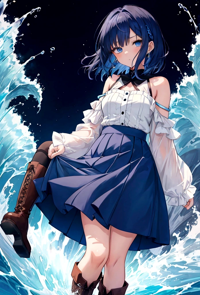 20 years old anime girl, with short dark blue hair to the shoulders, a serious yet tender expression, and bright light blue eyes. She dresses in an antique style, wearing a long dark blue skirt that reaches her knees, and small dark brown boots up to her ankles. Her white blouse is long-sleeved, covering her fingers slightly, and falls off one shoulder, leaving it exposed. She possesses water powers and has a water-themed background. 