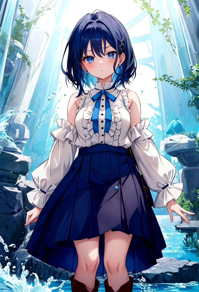 20 years old anime girl, with short dark blue hair to the shoulders, a serious yet tender expression, and bright light blue eyes. She dresses in an antique style, wearing a long dark blue skirt that reaches her knees, and small dark brown boots up to her ankles. Her white blouse is long-sleeved, covering her fingers slightly, and falls off one shoulder, leaving it exposed. She possesses water powers and has a water-themed background.