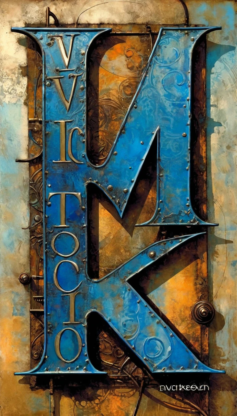 rusty blue sign with text: "VICTOR", metallic blue letters, (Dave Mckean inspired art, intricate details, oil painting)