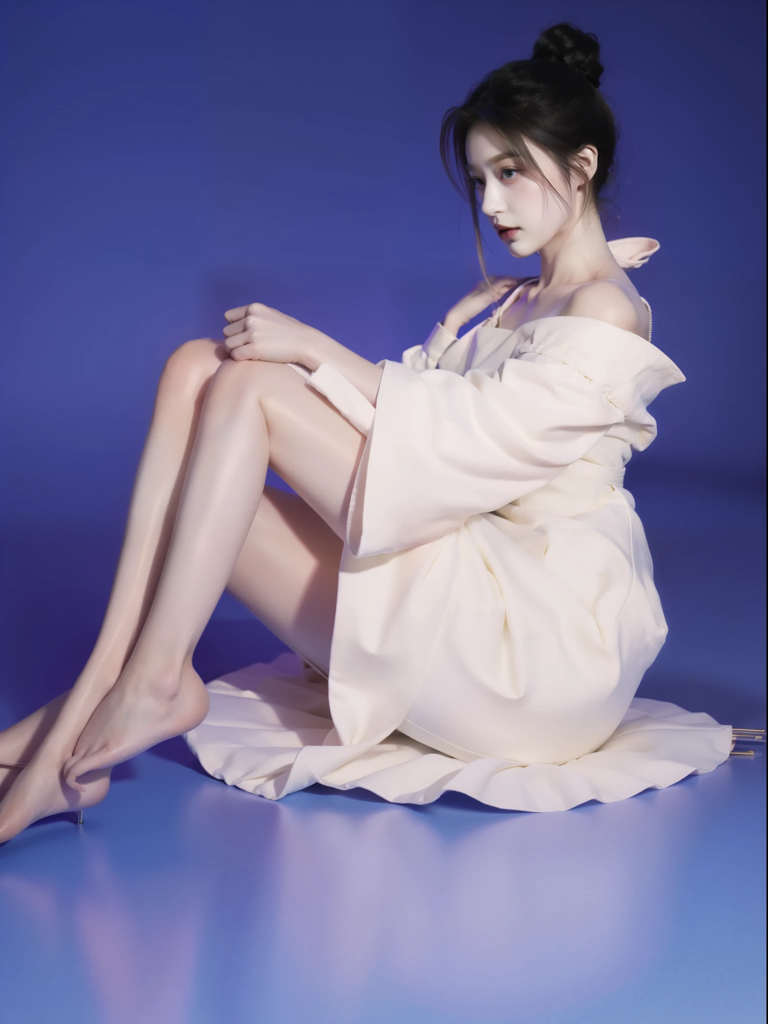 1 girl，Shimizu，Blue Butterfly，Pure white gauze skirt，shiny，Sitting in the air
