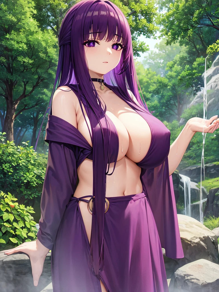 Highest quality、Ultra-high quality、woman、Dark purple hair、Purple Eyes、Completely naked、Large Breasts、woman器、Body gets wet、Nipples get erect、in the forest