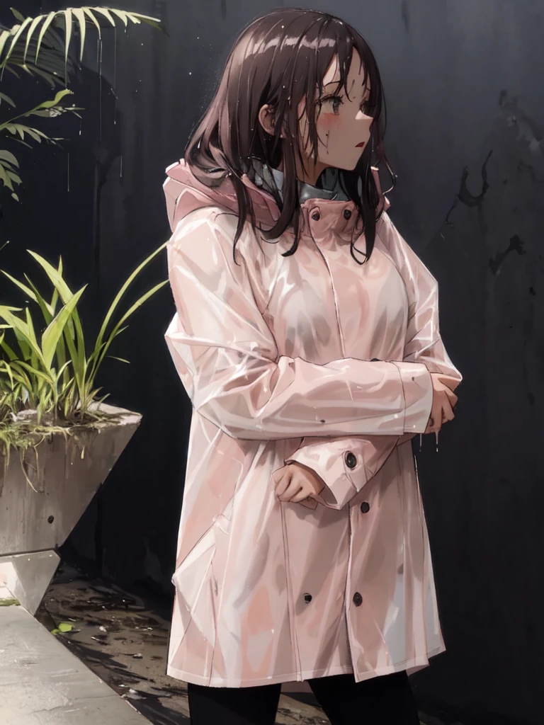 Light pink buttoned raincoat, wearing hood, muddy clothes, muddy raincoat, covered in mud