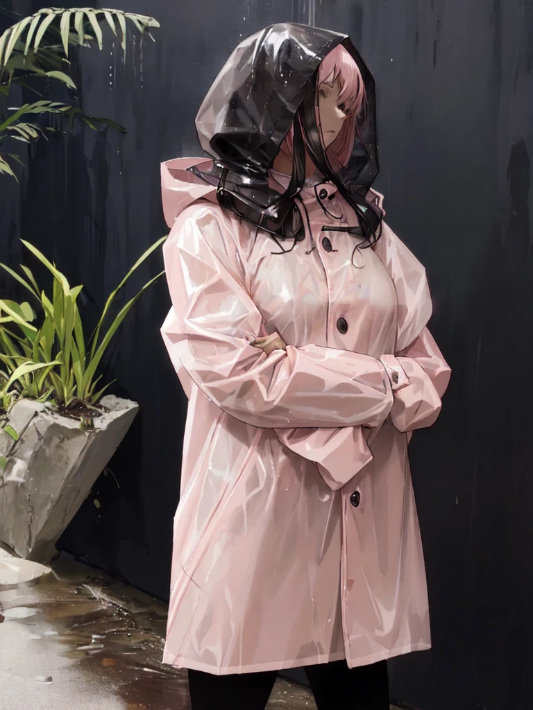 Light pink buttoned raincoat, wearing hood, muddy clothes, muddy raincoat, covered in mud