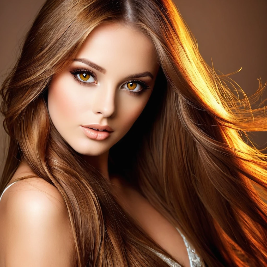 gorgeous  woman, long light brown hair, amber eyes, very sensual