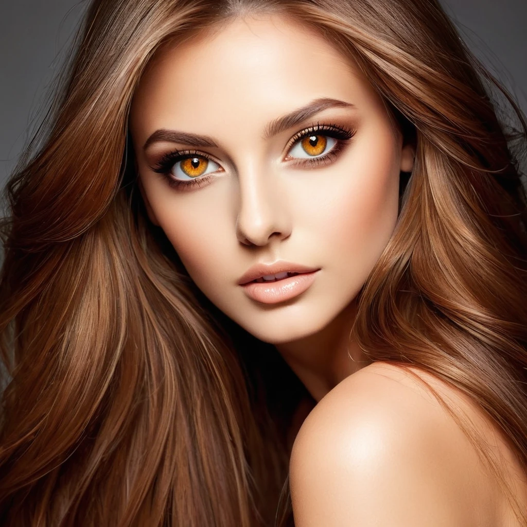 gorgeous woman, long light brown hair, amber eyes, very sensual