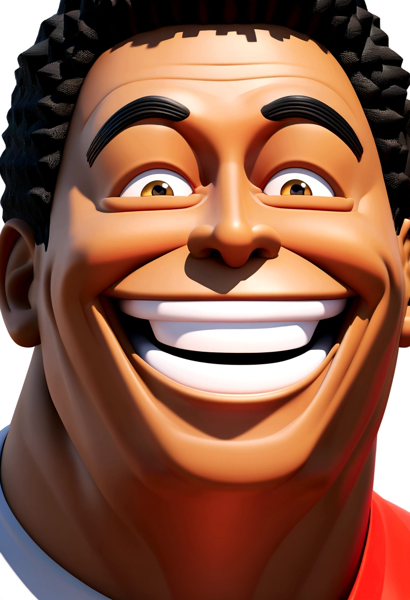 Illustration of smiling man, insane smile, brown skin man with a giant grin, smiling happily at the camera, cheeky smile, he is smiling, very huge smile, smiling male, headshot profile picture, laughing huge smile, drawing in 3D Art style, C4D, pure white color background, Disney style, pixar style render illustration Super Detail, 8K