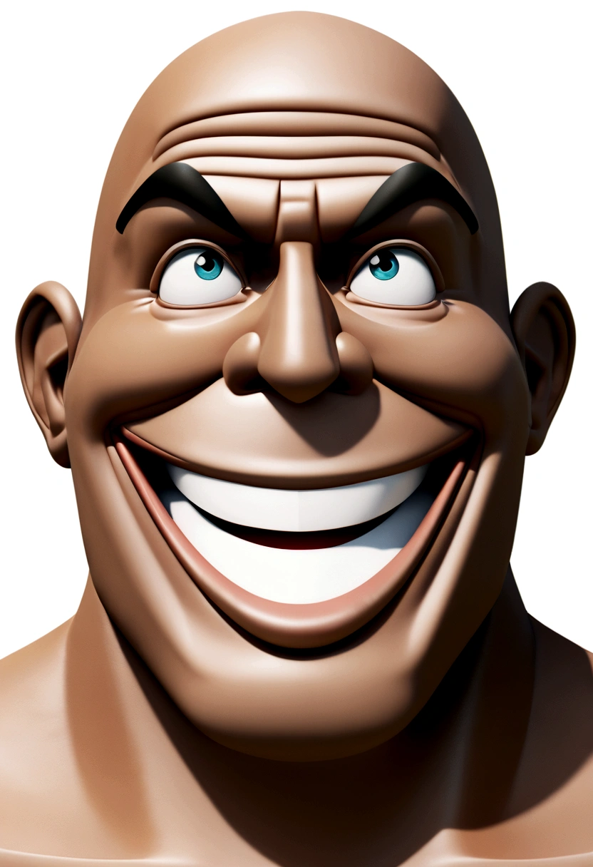 Illustration of smiling man, insane smile, brown skin man with a giant grin, smiling happily at the camera, cheeky smile, he is smiling, very huge smile, smiling male, headshot profile picture, laughing huge smile, drawing in 3D Art style, C4D, pure white color background, Disney  style, pixar style render illustration Super Detail, 8K