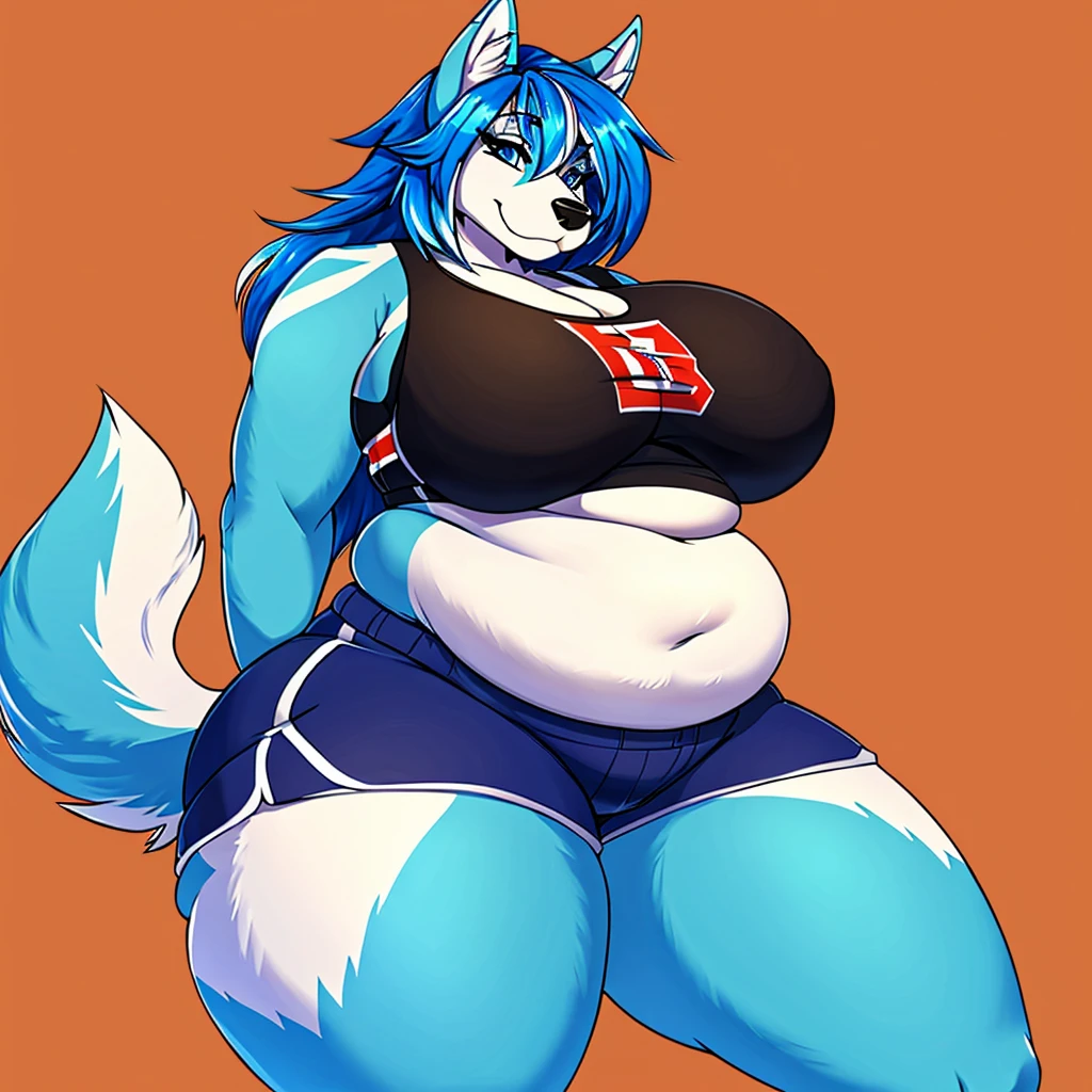 Malamute, female, long hair, gorgeous, beautiful, eyelashes, voluptuous, plump, belly rolls, fat arms, fat legs, ,tank top, shorts ,huge saggy ??????? ,fringe on eye,heavy top, huge ???? huge thighs heavy bottom ,sports bra,sports shorts, simple background , belly rolls, fat rolls, belly rolls,belly overhang,rolled up tail,  blue body, light blue stripes,blue highlights ,white,whitehighlights, blue highlights, blue stripes,blue hair,huge ????, blue eyes,blue thigh markings,????????????,very voluptuous cute,cute pose