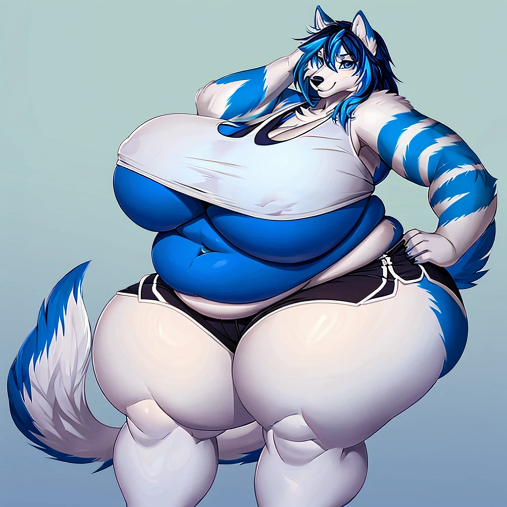 Malamute, female, long hair, gorgeous, beautiful, eyelashes, voluptuous, plump, belly rolls, fat arms, fat legs, ,tank top, shorts ,huge saggy breasts ,fringe on eye,heavy top, huge hips huge thighs heavy bottom ,sports bra,sports shorts, simple background , belly rolls, fat rolls, belly rolls,belly overhang,rolled up tail,  blue body, light blue es,blue highlights ,white,whitehighlights, blue highlights, blue stripue hair,huge butt, blue eyes,blue thigh markings,huge breasts,very voluptuous cute,cute pose