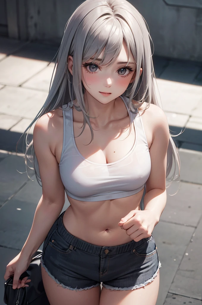 (Best Quality,High resolution,8K,finelity detailed background,Masterpiece:1.2),beautiful girl,Glossy romance gray hair,messy hair,Gray eyes,Gentle look,A refreshing look,Best quality,Best Quality,Aesthetic and aesthetic:1.2,Best details((Super detailed))(High-definition CG illustrations),Tank top,Shorts,Slender body,Training Gym,smile,blush,cute,Scrounge,Looking up,Being spoiled,super model,shoot from above
