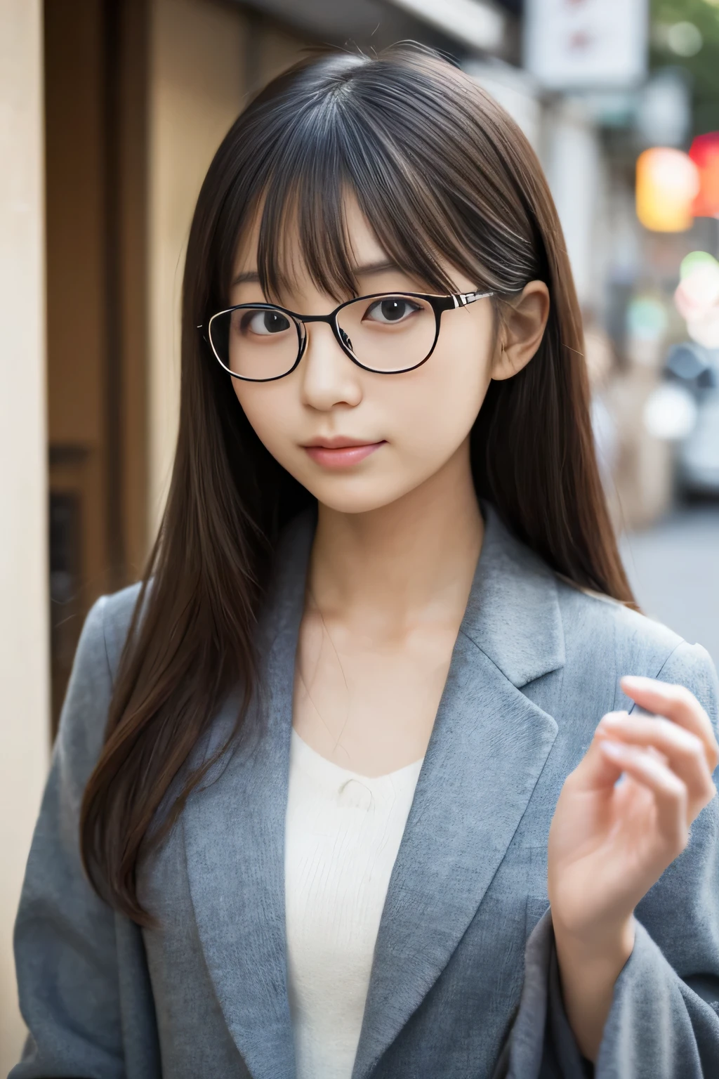 One Japanese woman、23 years old、pharmacist、White、Black-rimmed square glasses、Quiet