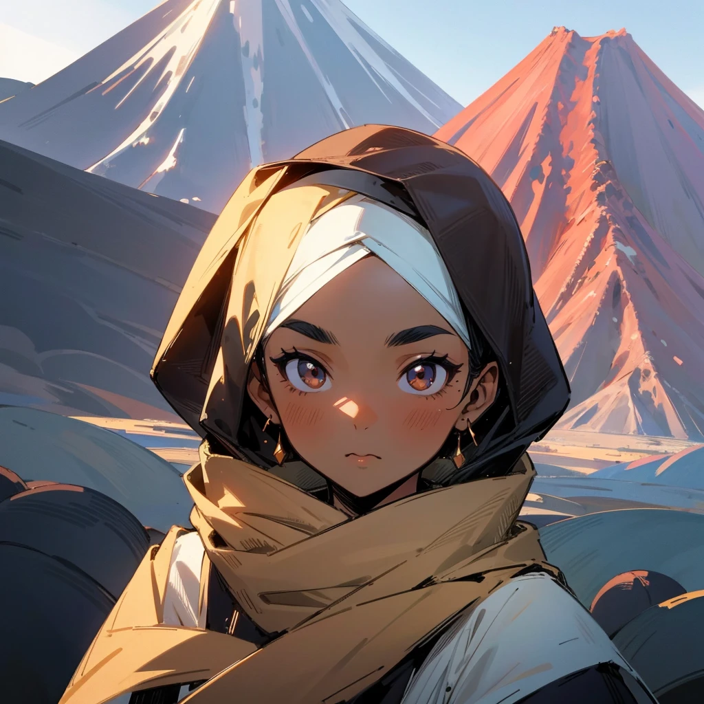 girl in a brown hijab, dark skin, beautiful face, big eyebrows, face view, with Fuji volcano in the background