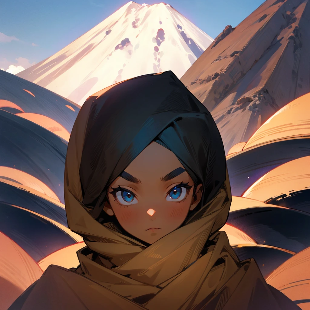 girl in a brown hijab, dark skin, beautiful face, big eyebrows, face view, with Fuji volcano in the background