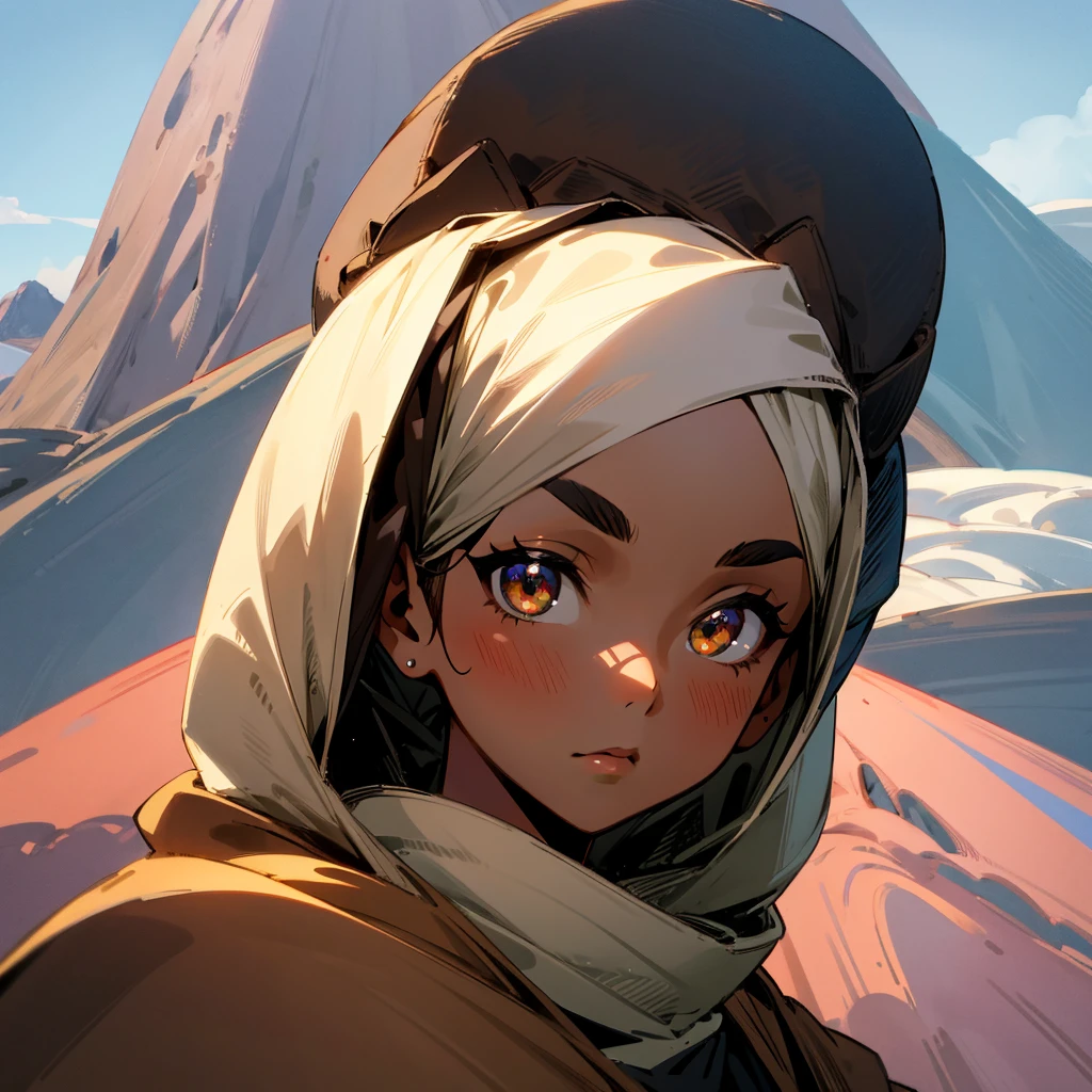 girl in a brown hijab, dark skin, beautiful face, big eyebrows, face view, with Fuji volcano in the background